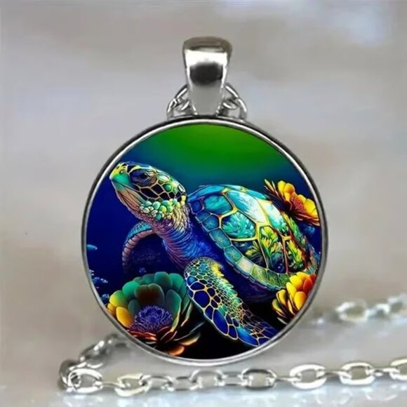 Silver SEA TURTLE Glass Cabochon Pendant Necklace - Picture 1 of 3